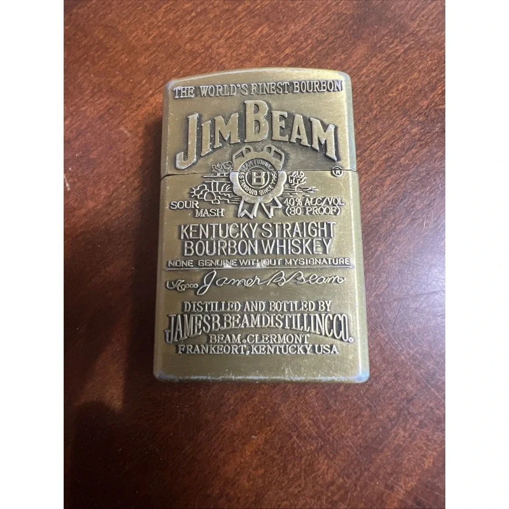 SOLID BRASS CIGARETTE LIGHTER JIM BEAM BOURBON WHISKEY LOGO Vtg‎